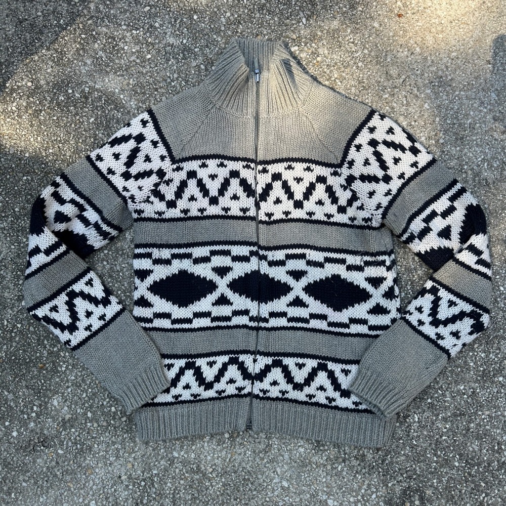 Vtg Lauren Ralph Lauren Full Zip Cardigan Sweater Grey Geometric Cotton Knit L